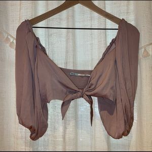 Lilac satin crop top w tie in front